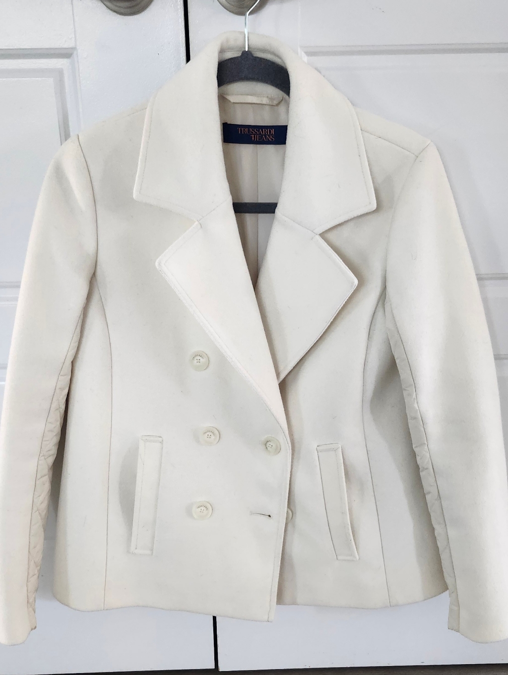 Trussardi $790 Wool/Puffer Double Breasted Pea Coat 38 It (Fits Large) White